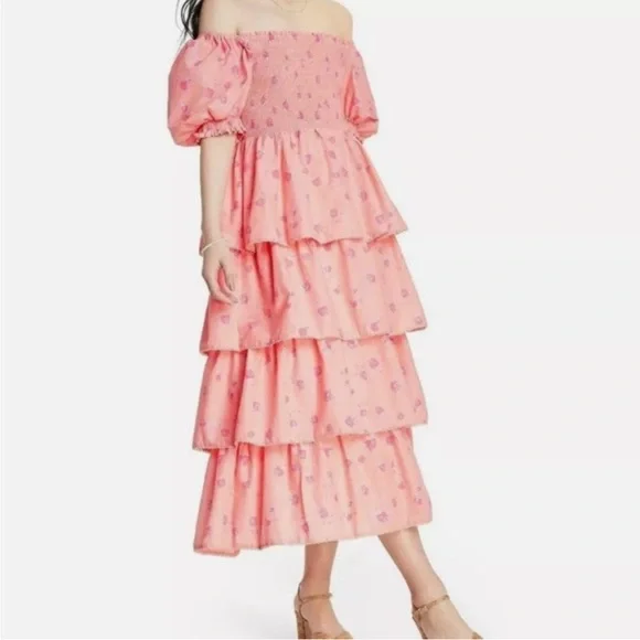LoveShackFancy x Target Simone Smocked Tiered Floral Midi Dress Pink Sz M - Picture 2 of 15